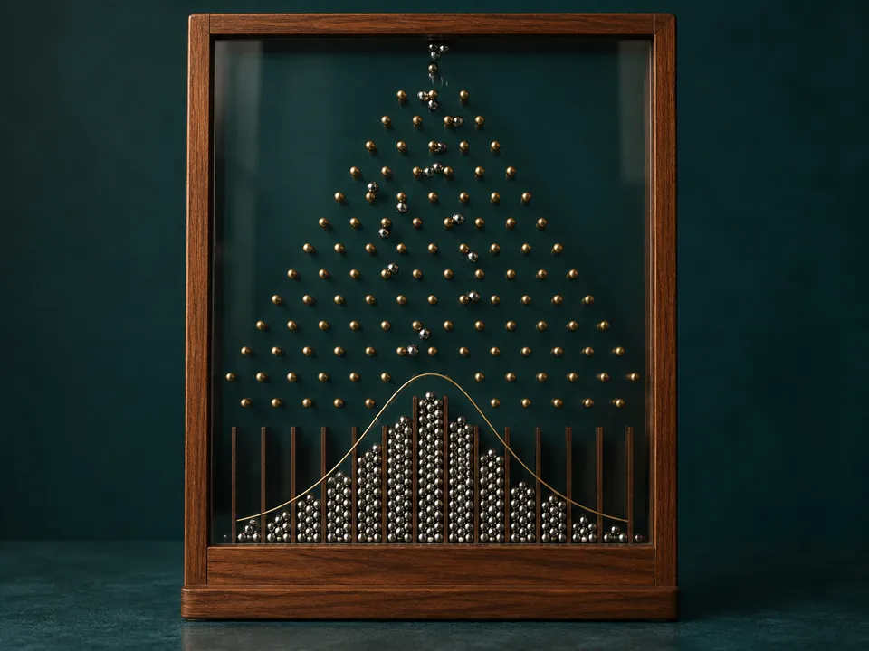 A Galton board: steel balls falling through rows of pins settle into a bell-shaped curve